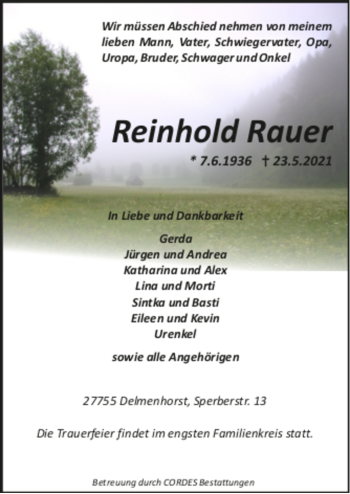 Todesanzeige von Reinhold Rauer von trauer.de