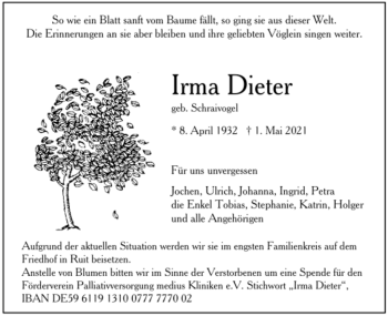Todesanzeige von Irma Dieter von Trauer.de