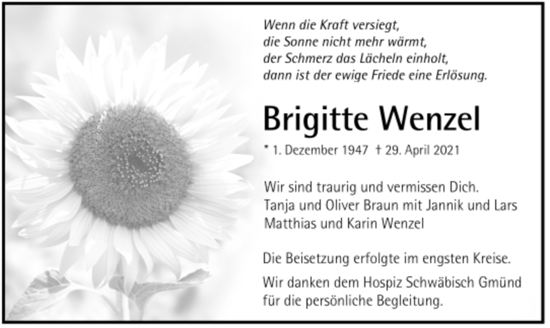  Traueranzeige für Brigitte Wenzel vom 15.05.2021 aus Trauer.de