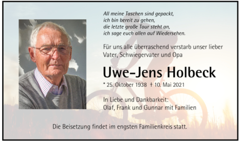  Traueranzeige für Uwe-Jens Holbeck vom 15.05.2021 aus Trauer.de
