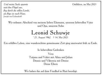 Todesanzeige von Leonid Schuwje von Trauer.de