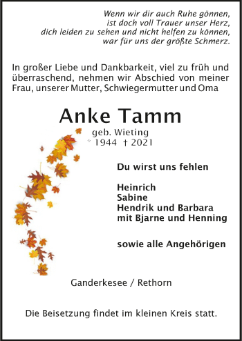 Todesanzeige von Anke Tamm von Trauer.de
