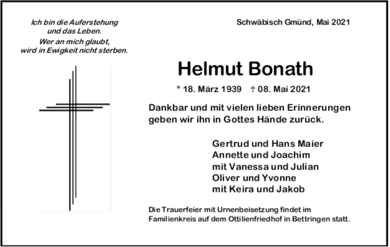  Traueranzeige für Helmut Bonath vom 22.05.2021 aus trauer.de