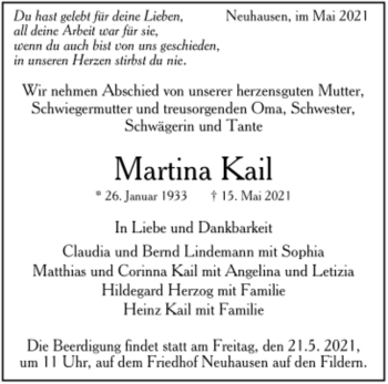 Todesanzeige von Martina Kail von trauer.de