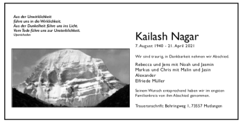 Todesanzeige von Kailash Nagar von trauer.de