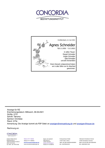 Todesanzeige von Agnes Schneider von trauer.de