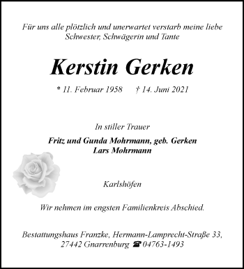 Todesanzeige von Kerstin Gerken von Trauer.de