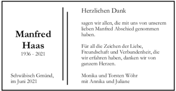 Todesanzeige von Manfred Haas von trauer.de