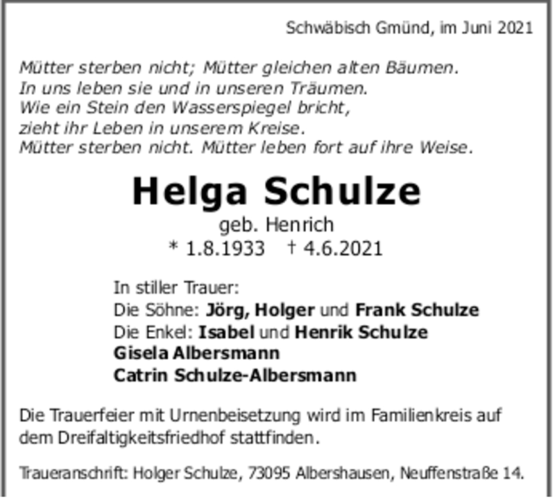  Traueranzeige für Helga Schulze vom 12.06.2021 aus Trauer.de