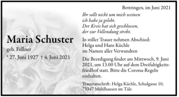 Todesanzeige von Maria Schuster von Trauer.de