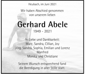 Todesanzeige von Gerhard Abele von Trauer.de