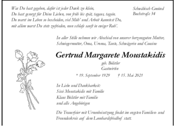 Todesanzeige von Gertrud Margarete Moustakidis von trauer.de