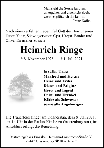 Todesanzeige von Heinrich Ringe von Trauer.de