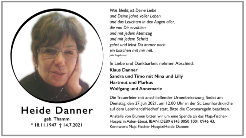  Traueranzeige für Heide Danner vom 22.07.2021 aus Trauer.de