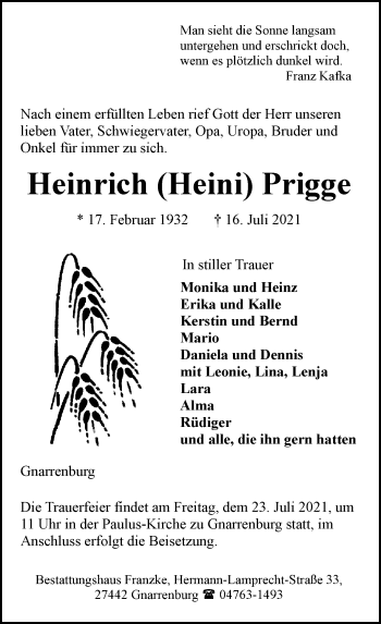 Todesanzeige von Heinrich Prigge von Trauer.de