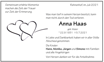 Todesanzeige von Anna Haas von Trauer.de