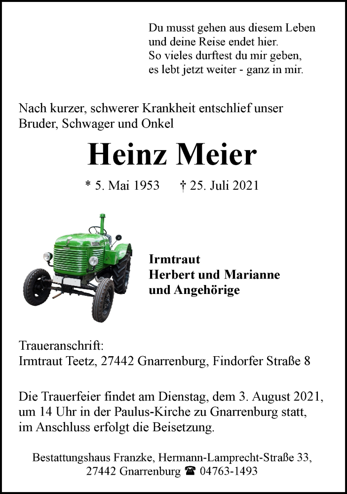  Traueranzeige für Heinz Meier vom 28.07.2021 aus Trauer.de