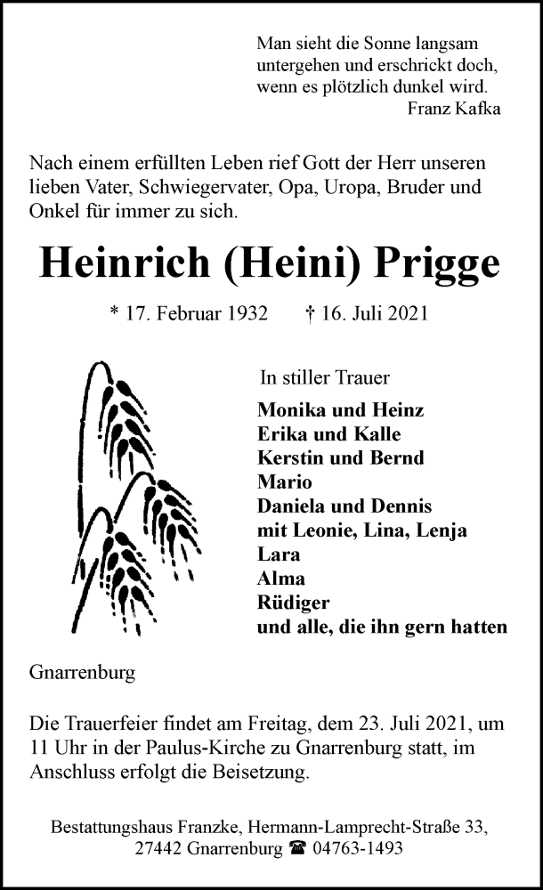  Traueranzeige für Heinrich Prigge vom 21.07.2021 aus Trauer.de