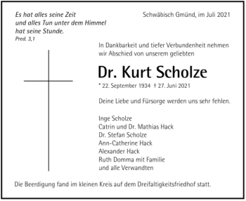 Todesanzeige von Kurt Scholze von Trauer.de