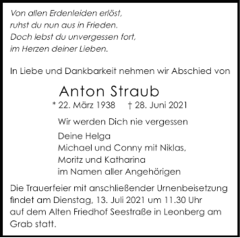 Todesanzeige von Anton Straub von Trauer.de