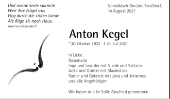 Todesanzeige von Anton Kegel von Trauer.de