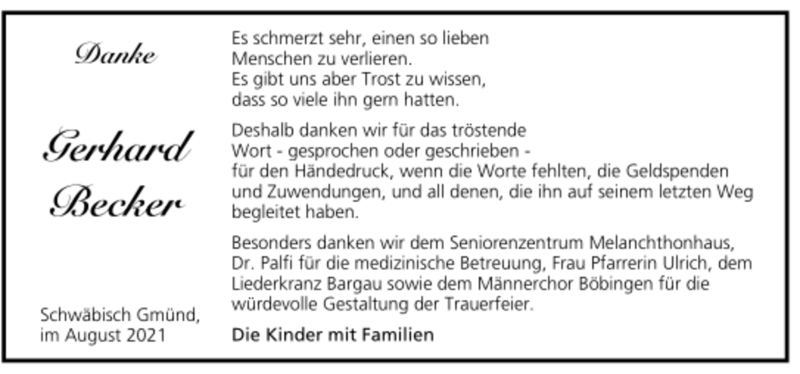  Traueranzeige für Gerhard Becker vom 17.08.2021 aus Trauer.de