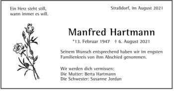 Todesanzeige von Manfred Hartmann von Trauer.de