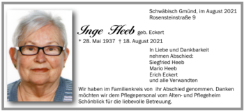 Todesanzeige von Inge Heeb von Trauer.de
