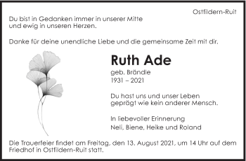 Todesanzeige von Ruth Ade von Trauer.de