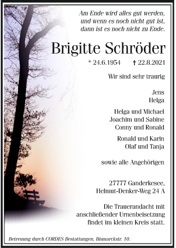 Todesanzeige von Brigitte Schröder von trauer.de