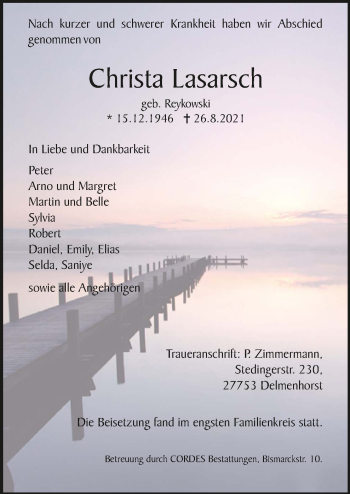 Todesanzeige von Christa Lasarsch von trauer.de