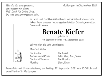 Todesanzeige von Renate Kiefer von trauer.de