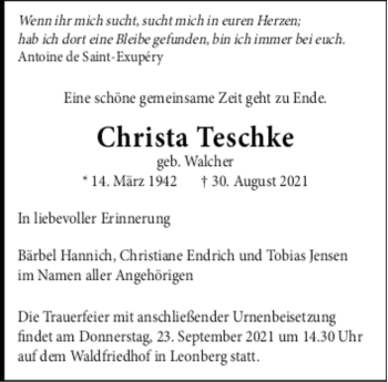 Todesanzeige von Christa Teschke von trauer.de