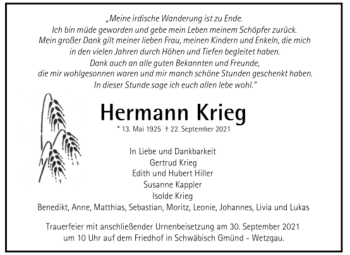 Todesanzeige von Hermann Krieg von Trauer.de