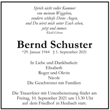 Todesanzeige von Bernd Schuster von Trauer.de