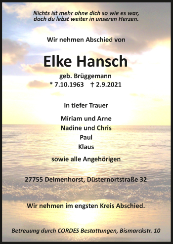 Todesanzeige von Elke Hansch von trauer.de