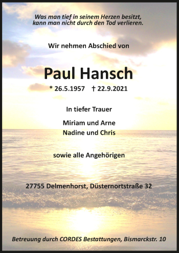 Todesanzeige von Paul Hansch von trauer.de