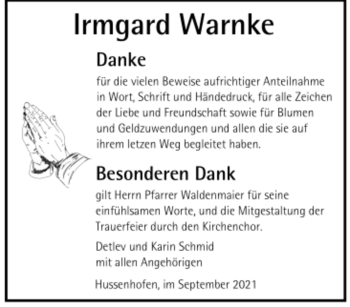 Todesanzeige von Irmgard Warnke von Trauer.de