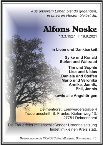 Todesanzeige von Alfons Noske von Trauer.de