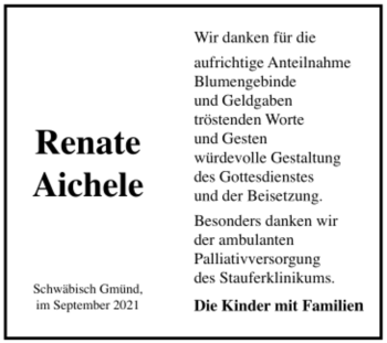 Todesanzeige von Renate Aichele von Trauer.de