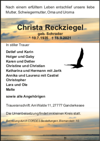 Todesanzeige von Christa Reckziegel von trauer.de