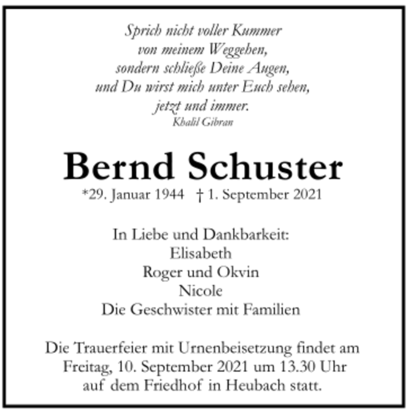  Traueranzeige für Bernd Schuster vom 08.09.2021 aus Trauer.de