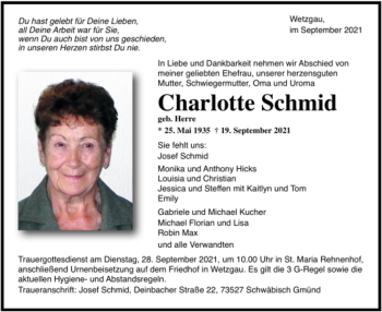 Todesanzeige von Charlotte Schmid von Trauer.de