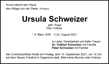 Todesanzeige von Ursula Schweizer von trauer.de