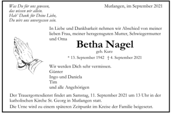 Todesanzeige von Betha Nagel von Trauer.de