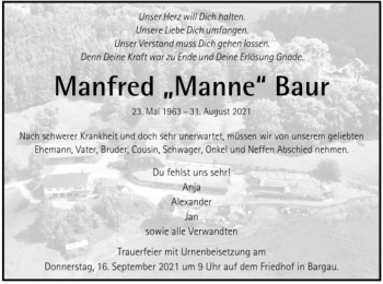 Todesanzeige von Manfred Baur von Trauer.de