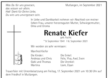 Todesanzeige von Renate Kiefer von trauer.de