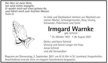 Todesanzeige von Irmagrd Warnke von Trauer.de