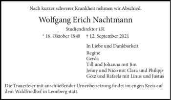 Todesanzeige von Wolfgang Erich Nachtmann von trauer.de