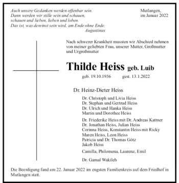 Todesanzeige von Thilde Heiss von trauer.de